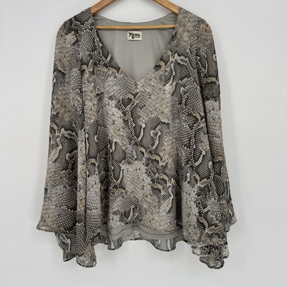 Show Me Your MuMu Tops - Show Me Your Mumu Brown Snake Print Tunic Blouse V-Neck Flowy Bell Sleeve Med
